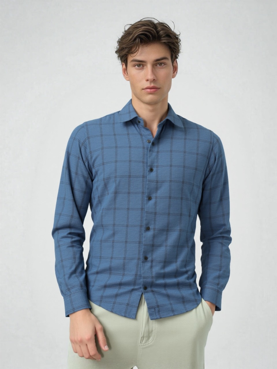 TINT Korean linen blue checks shirt - Image 3