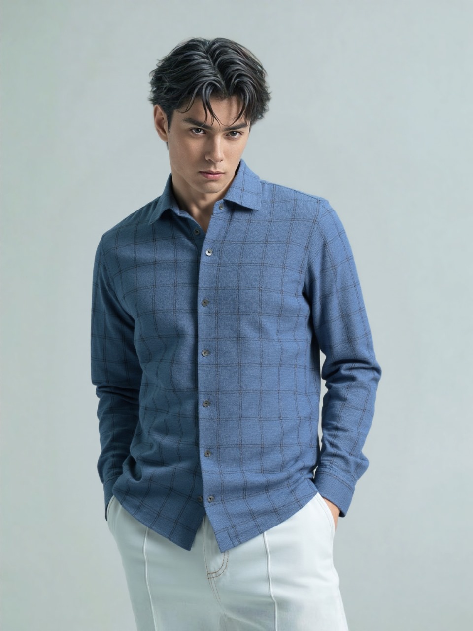 TINT Korean linen blue checks shirt - Image 4